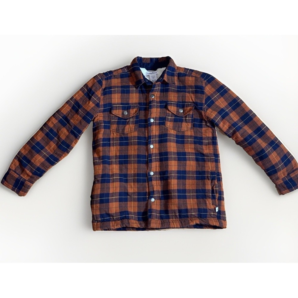 Tommy Bahama Jacket Sherpa Lined Flannel Plaid Youth Boys XXL 16 Orange Navy Blu